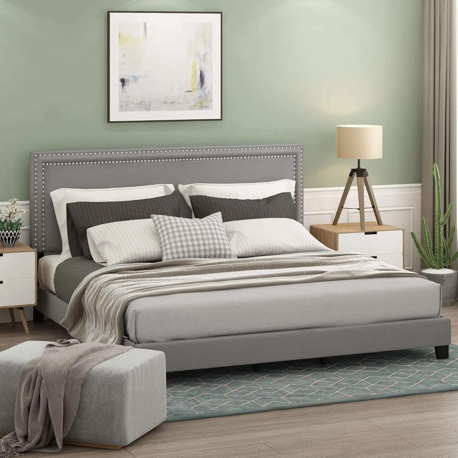 Laval Double Row Nail Head Upholstered Platform Bed Frame, King, Glacier