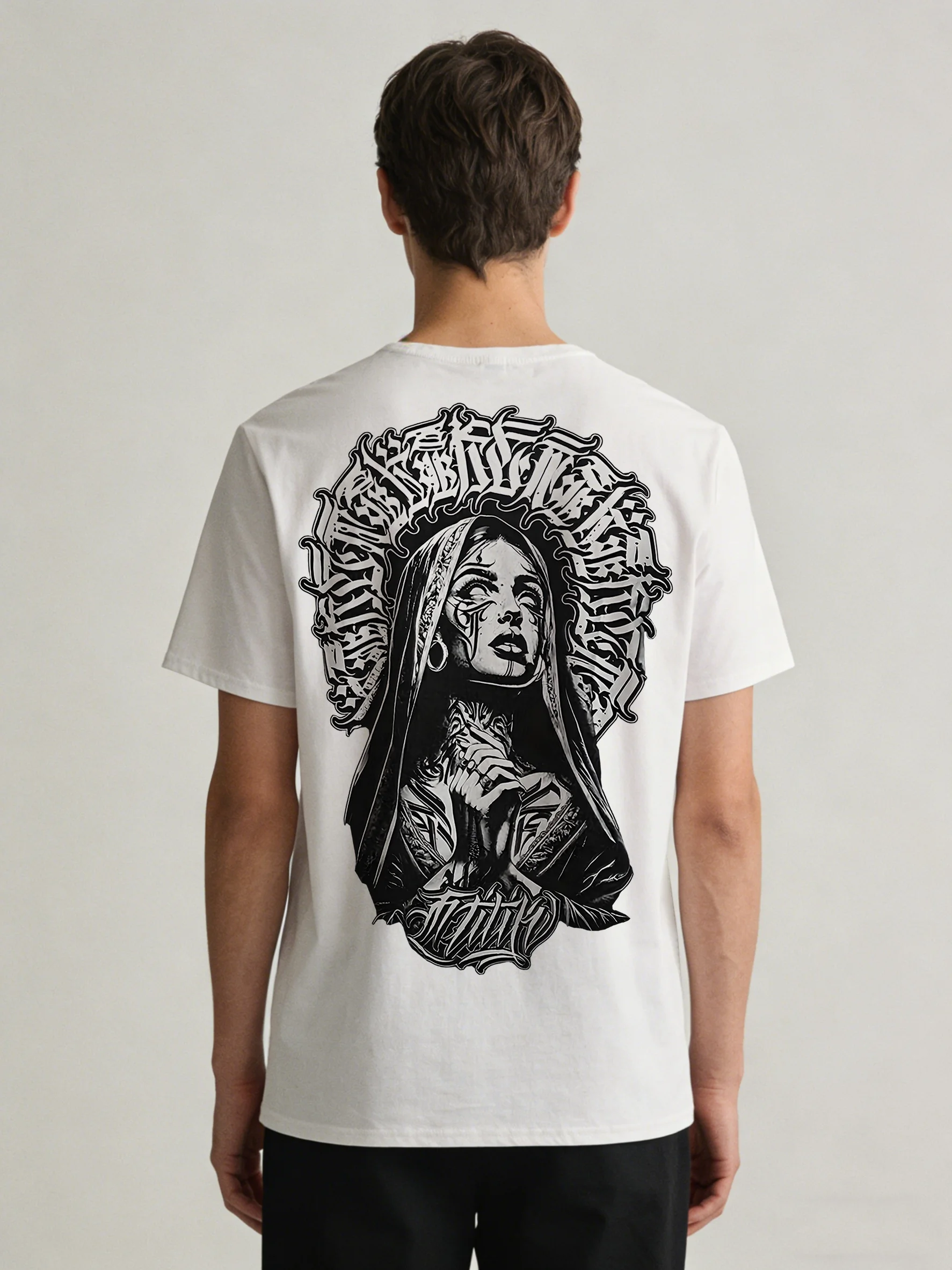 Streetwear Summer Men's Black Back Printed Chicano Virgin Mary Pattern T-Shirt Rock Retro 3D Print Casual Sporty Short Sleeve