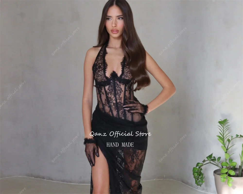 Qanz Sexy Black Lace Appliques Prom Dresses High Leg Slit Mermaid Evening Dress Halter Neck Robe De Soirée Femme Customized