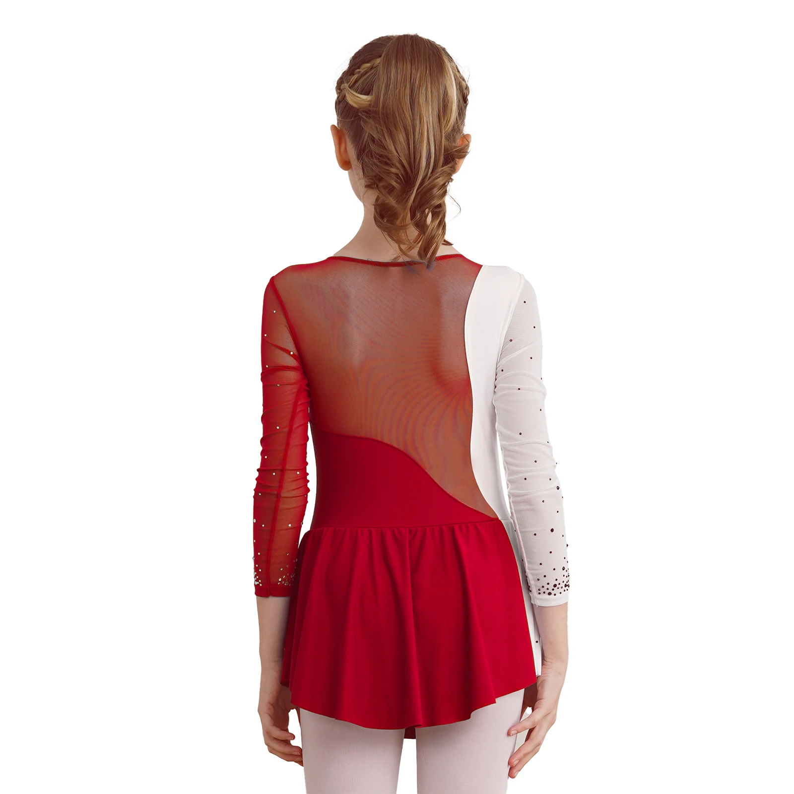 Girls Figure Ice Skating Dress Gymnastics Dance Ballet Tutu Leotard Costumes Long Sleeve Rhinestone Mesh Splice Dress Dancewear