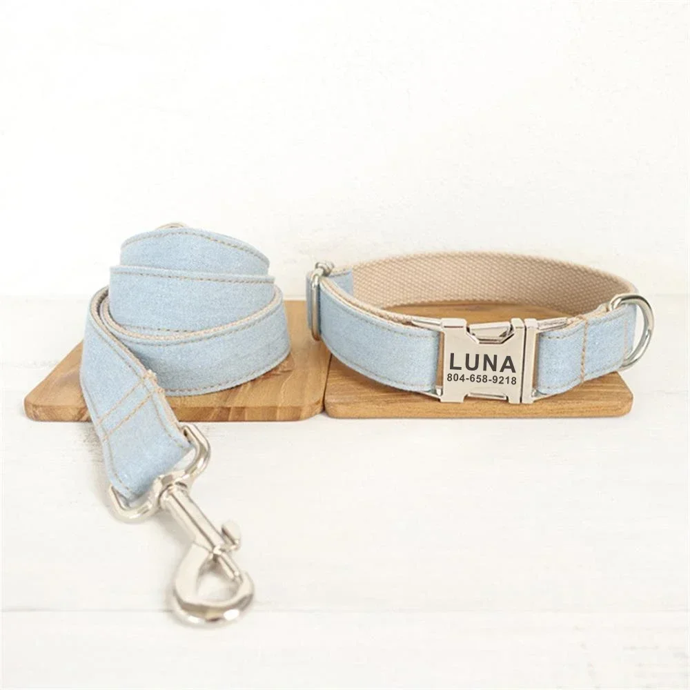 Personalized Dog Collar with Free Engraving, Matching Pet Leash,Customzied Contacts Metal Buckle,Light Blue Jean Pet Collar