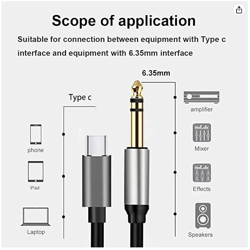 Type C USB C To TRS 6.5mm Single Crystal Copper 6.35mm 6.5 Male To Male Audio Cable For Phone To Speaker