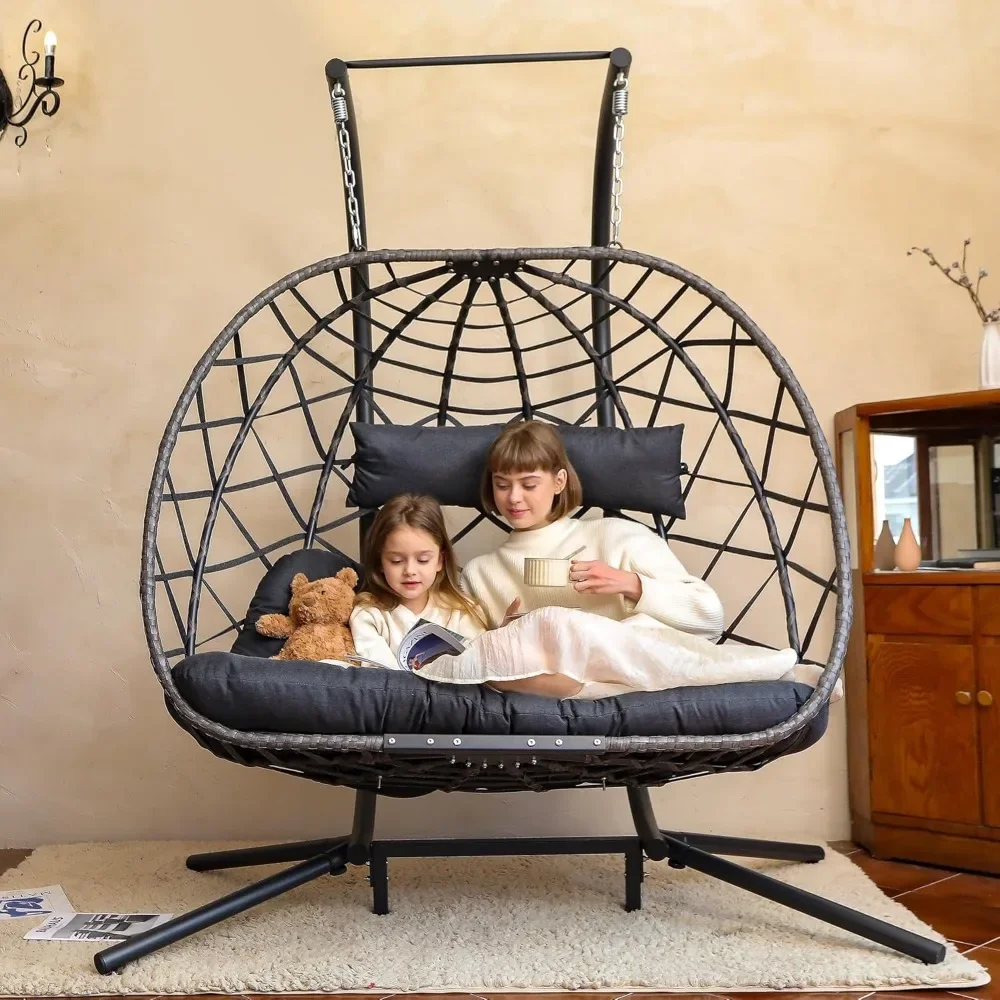 Double Egg Swing Chair with Stand, 2 Person Wicker Hanging Chair with Stand, Outdoor Indoor Oversized Hammock Chair