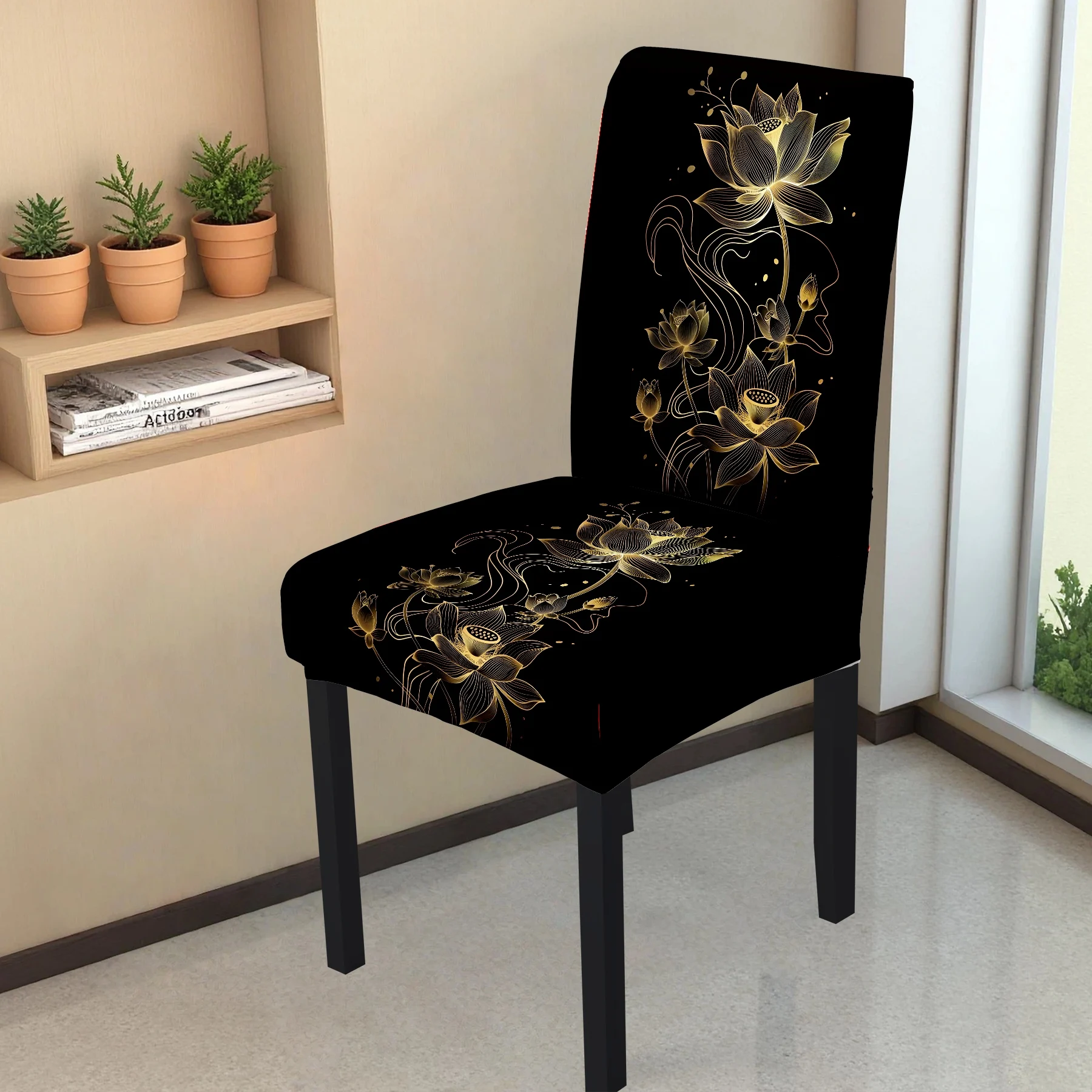 2026 New Stretch Full - Coverage Chair Cover, Elegant Golden Lotus Pattern on Black, Summer Outdoor & Indoo