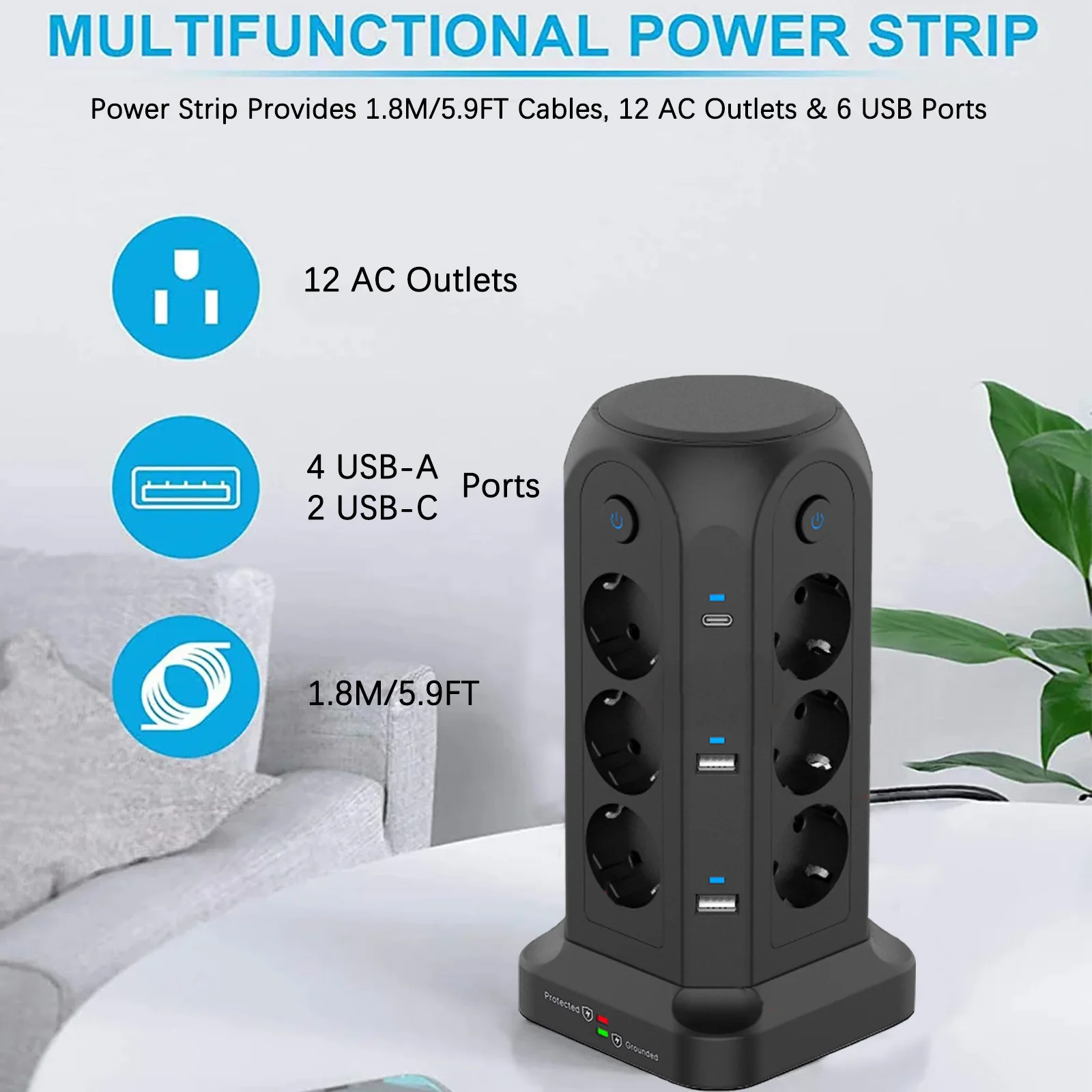 Tower Power Strip Multiple Electrical Socket 12 Outlets 6USB Ports,Surge Protector With 6.5Ft Extension Cable EU For Home Office