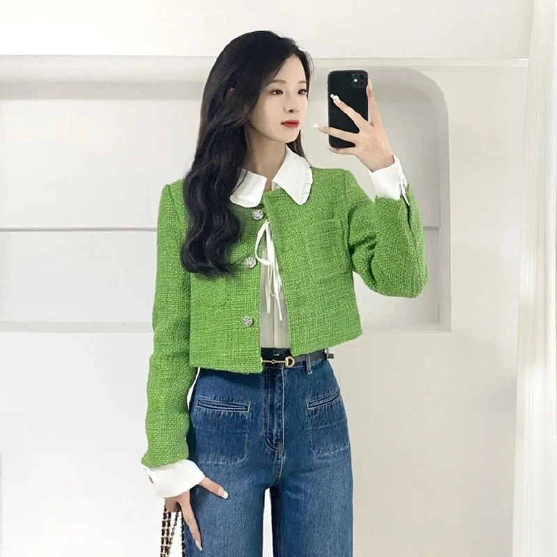 Women French Graceful Green Short Jacket Denim Wide Leg Pants 1 or 2 Piece Set Korean Lady Spring Autumn Coat Jeans Outfits 2023