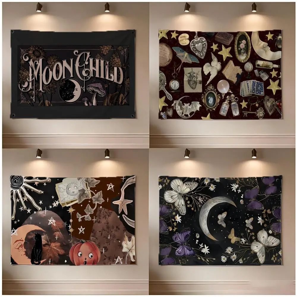 Mystical Nostalgic Art R-Retro Sun And Moon Flags Borderless Four Ring Ornament Indoor Outdoor Decoration Quick Hang Install