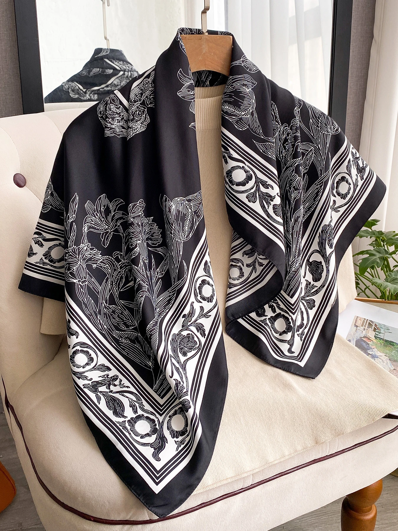 

90*90cm Silk Scarves Women Print Twill Square Head Hijab Ladies Luxury Shawl Bandanna Female Muffler Chiffen Wrap Foulard Ribbon