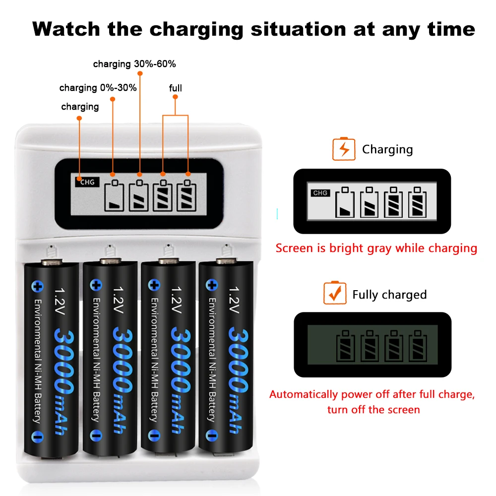 Cijork 4-16 szt. 1.2V AA NIMH akumulator 3000mAh AA HR6 NI-MH baterie AA komórka z LCD 1.2V AA ładowarka do baterii AAA