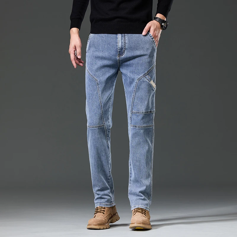 

Высококачественные модные лоскутные мужские джинсы, весна и осень, новый стиль, мужские эластичные удобные прямые светло-голубые джинсы