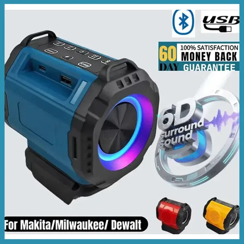

Bluetooth-динамик, совместимый с Milwaukee Makita Dewalt Bosch, аккумулятор 18 В, 20 В, порт USB Type-C, зарядный плеер, усилитель громкоговорителя