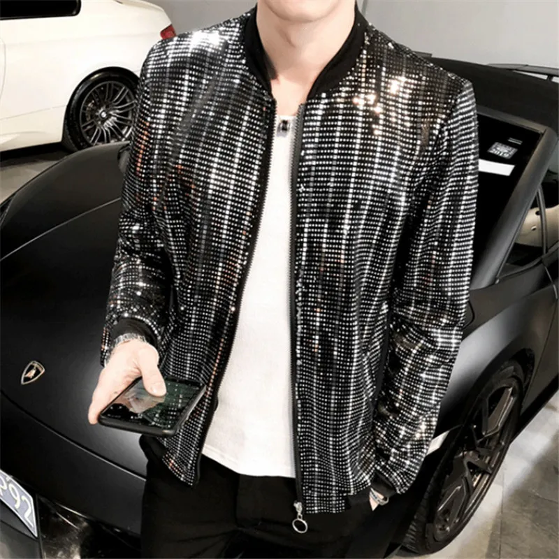 

Y2K Spring New Sequined Bomber Jacket Men Long Sleeve Glitter Zipper Thin Coat Hip Hop Loose Night Club Stage Streetwear Coats