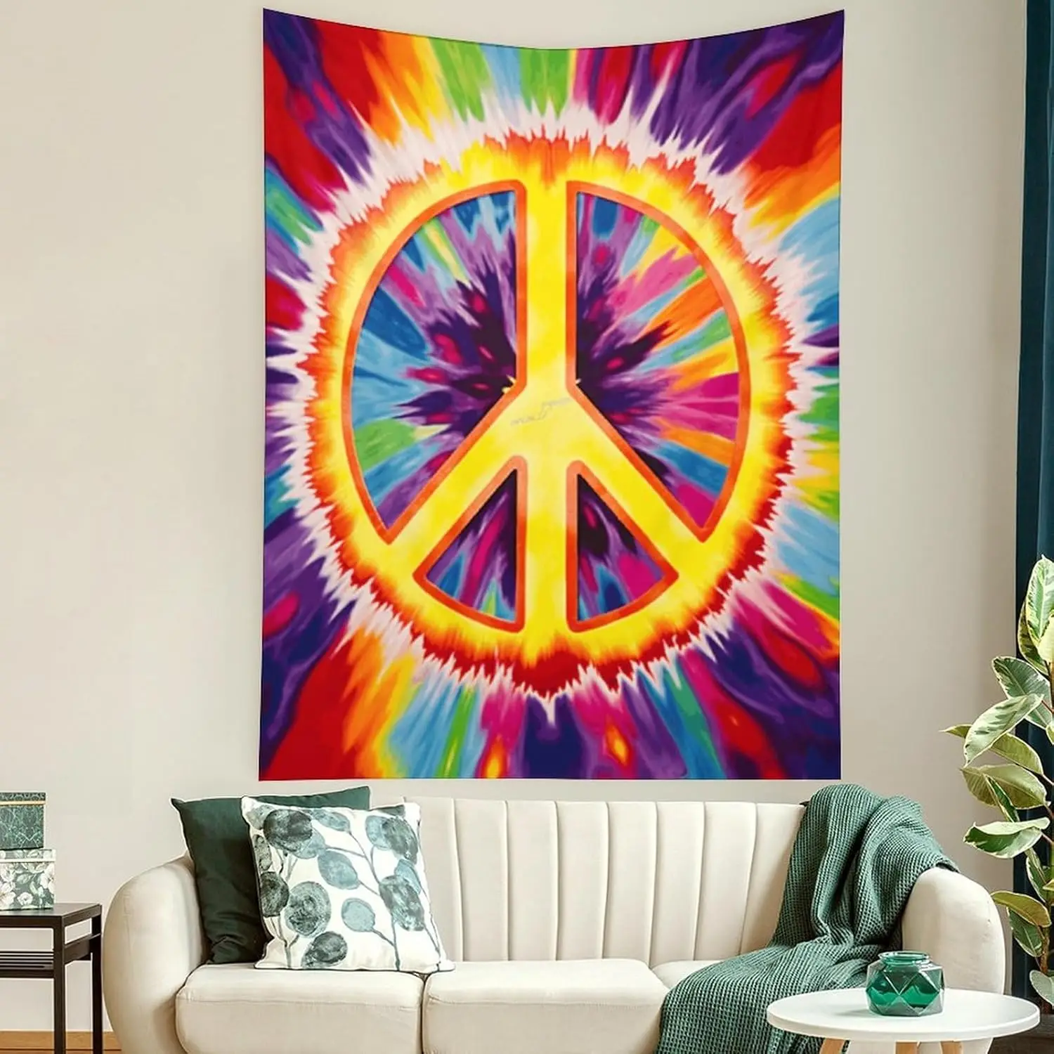 Tie Dye Peace Sign Tapestry - Psychedelic Rainbow Wall Art, Hippie Decor, Festival & Dorm Hanging, Multiple Sizes