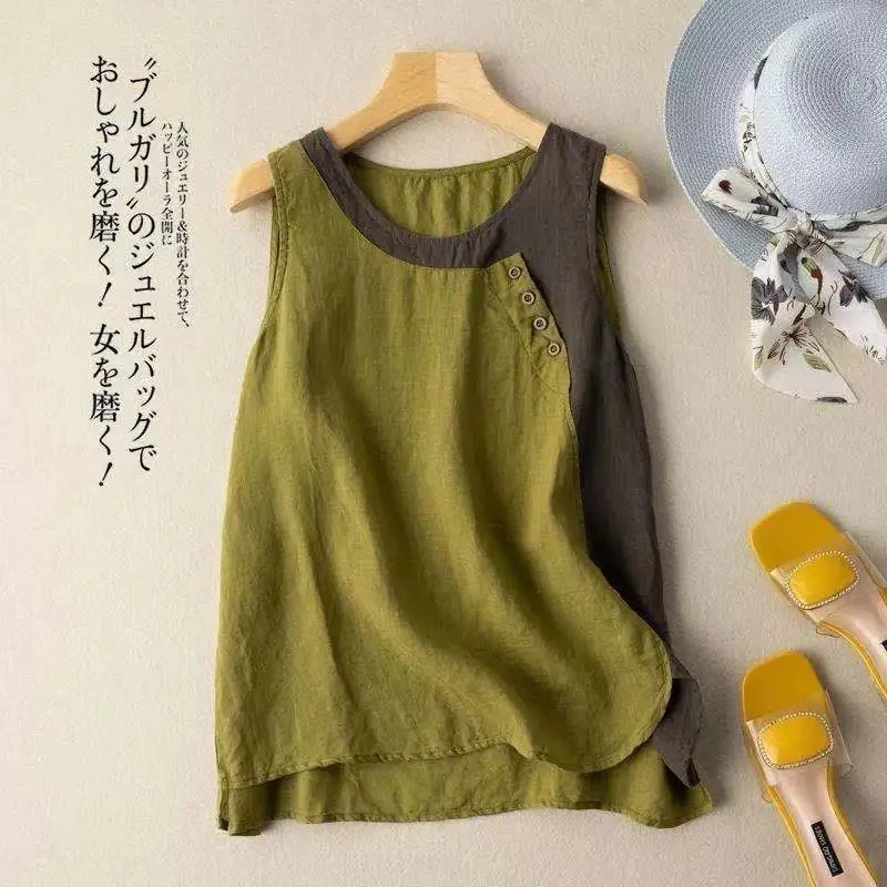 Sleeveless Vest Cotton Linen Casual O-Neck Cotton Linen Buttons Women\'s Blouse Shirt Korean Fashion Female Clothing Tops 2024