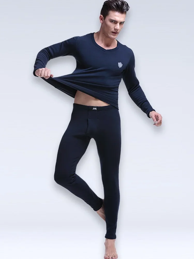 

4PCS Men's thickened fleece V-neck thermal low-neck fitted cotton long sleeve shirt and long johns warm underwear set