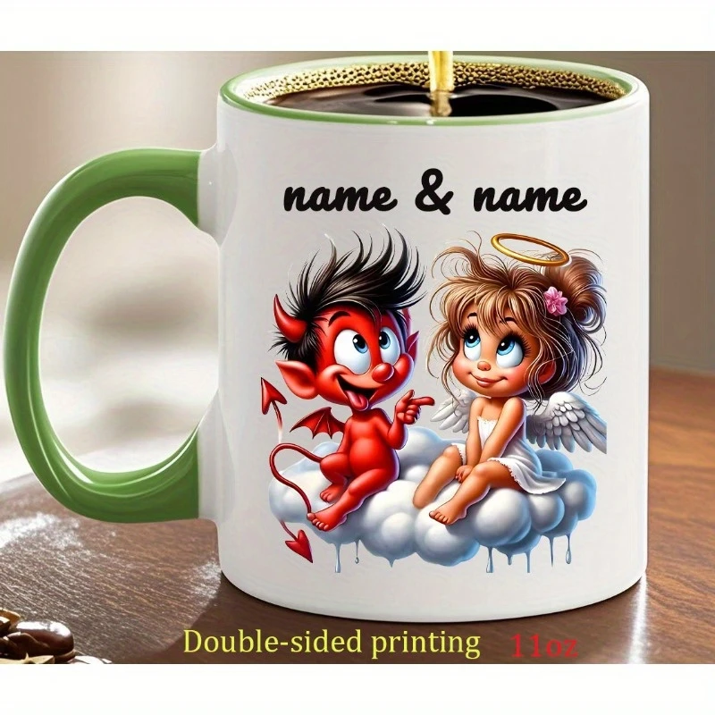 2D flat printing 1pc 11oz personalized custom angel devil mug, for Valentine's Day birthday, home daily use, hand wash only