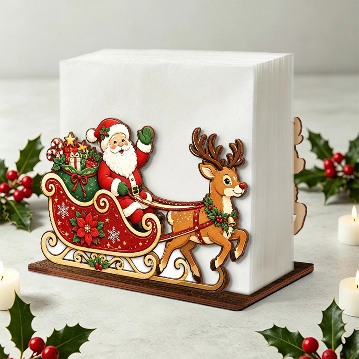 1 Stück Weihnachtlicher Serviettenhalter aus Holz, Weihnachtsmann mit Schlitten und Rentieren, Serviettenständer, Weihnachtsdekoration für den Esstisch, Tischdekoration für Zuhause. – Detail 2
