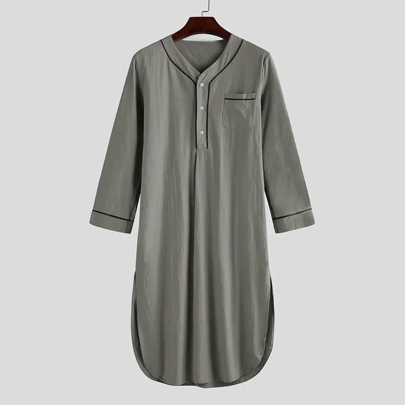 Mens Solid Color Robes Saudi Style Man Vintage Long Sleeve V Neck Muslim Arabic Islamic Clothing Nightgown