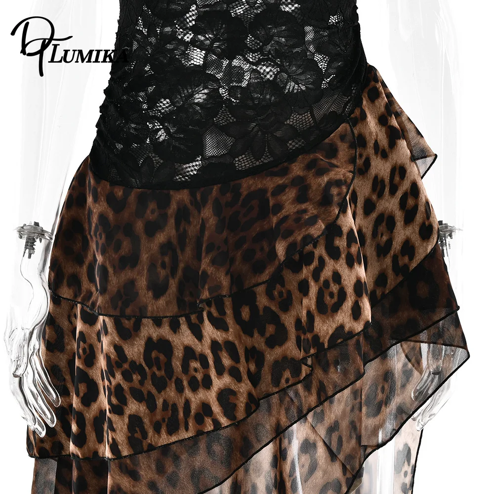 فستان DTLumika Leopard بكتف واحد للنساء، فساتين ماكسي من الدانتيل الأسود غير المتماثل للنساء، فستان كوكتيل شعبي للحفلات الراقصة #6