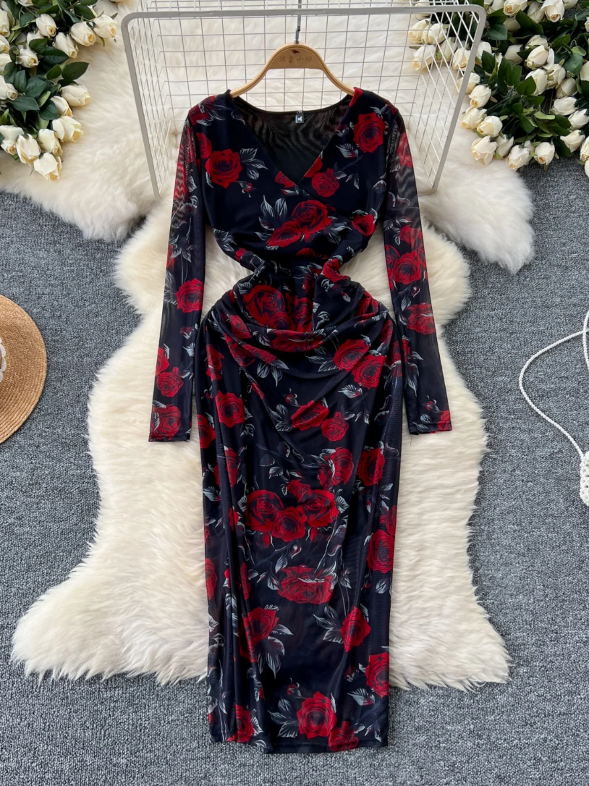 Ele Long Sve Women's Dr High Waist A-Line Skirt Bodycon Netting Print Wrap around Design Commute Sle Korean Faion