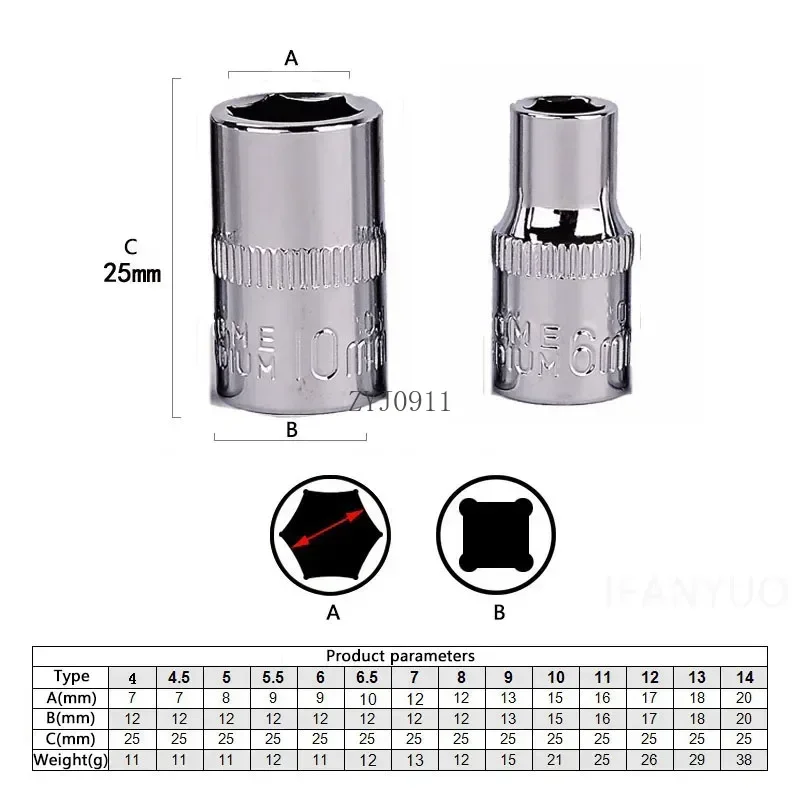 Presa corta 1/4 pollici Drive 6 punti Prese metriche 4mm 4.5mm 5mm 5.5mm 6mm 7mm 8mm 9mm 10mm 11mm 12mm 13mm 14mm Accessorio chiave