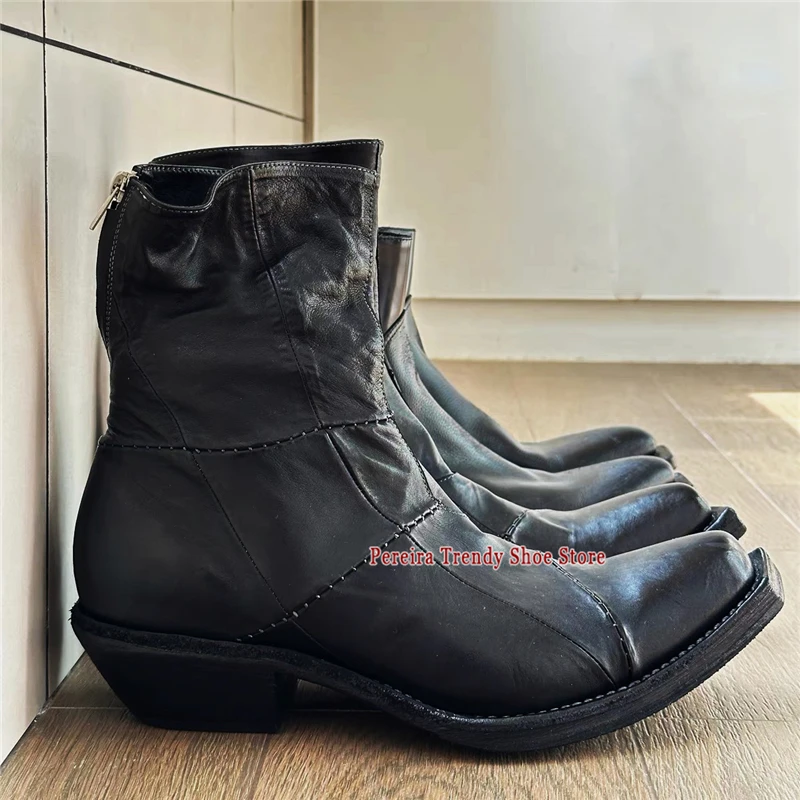 

Trendy Stitched Patchwork Knight Boots Retro Leather Square Toe Thick Heel Zipper Chelsea Boots Fashion Handmade Men's Shoes