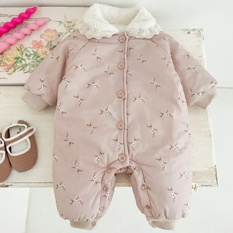 

Girls Sweet Lace Fur Collar Single Breasted Romper Baby Winter Warm Retro Floral Jumpsuit Infant Boy Fashion Plush Onesie Outfit