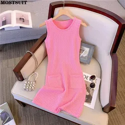 2023 estate rosa senza maniche Mini abito lavorato a maglia donna senza maniche o-collo elegante dolce moda solido abiti da donna Mujer