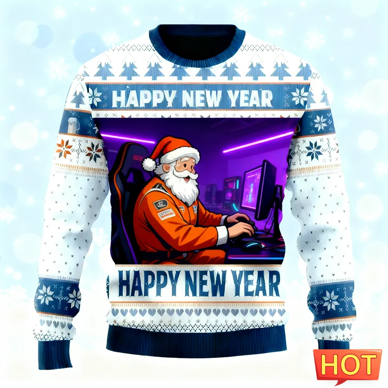 مضحك سانتا كلوز الجرافيك القبيح عيد الميلاد سترة للرجال العصرية طاقم الرقبة ثلاثية الأبعاد المطبوعة بلوزات فضفاضة عطلة ارتداء البلوفرات