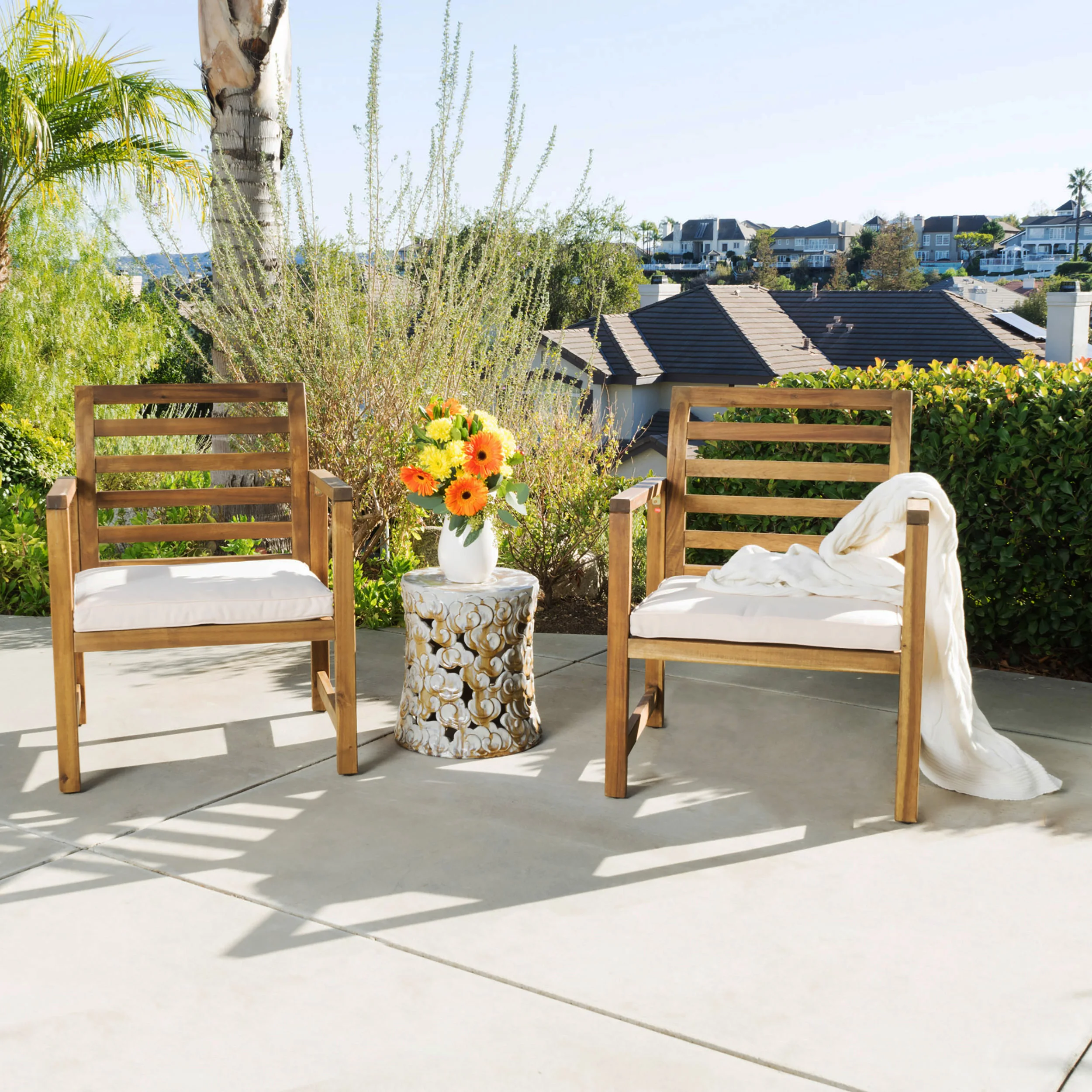 Outdoor Acacia Wood Club Chairs, 2-Pcs Set,  with Water Resistant Fabric Cushion, Natural Stained / White