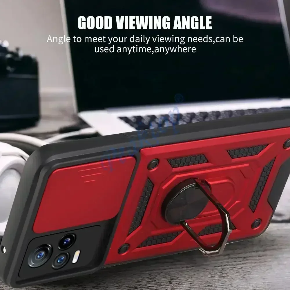 Push Camera Armor Case pour Vivo V21, V21E, Vivov21 E, Vivov21E, 4G, 5G, Support magnétique de voiture, Anneau de support, Antichoc, Protect Cover, Fundas