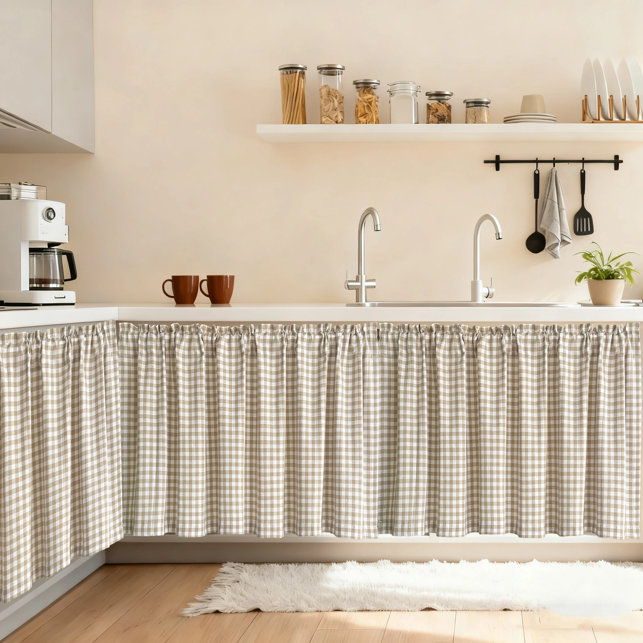 

Japanese Minimalist Style two-color plaid short curtain,Small Window Curtains for Kitchen,Cafe Style Half Curtains,Home Curtains