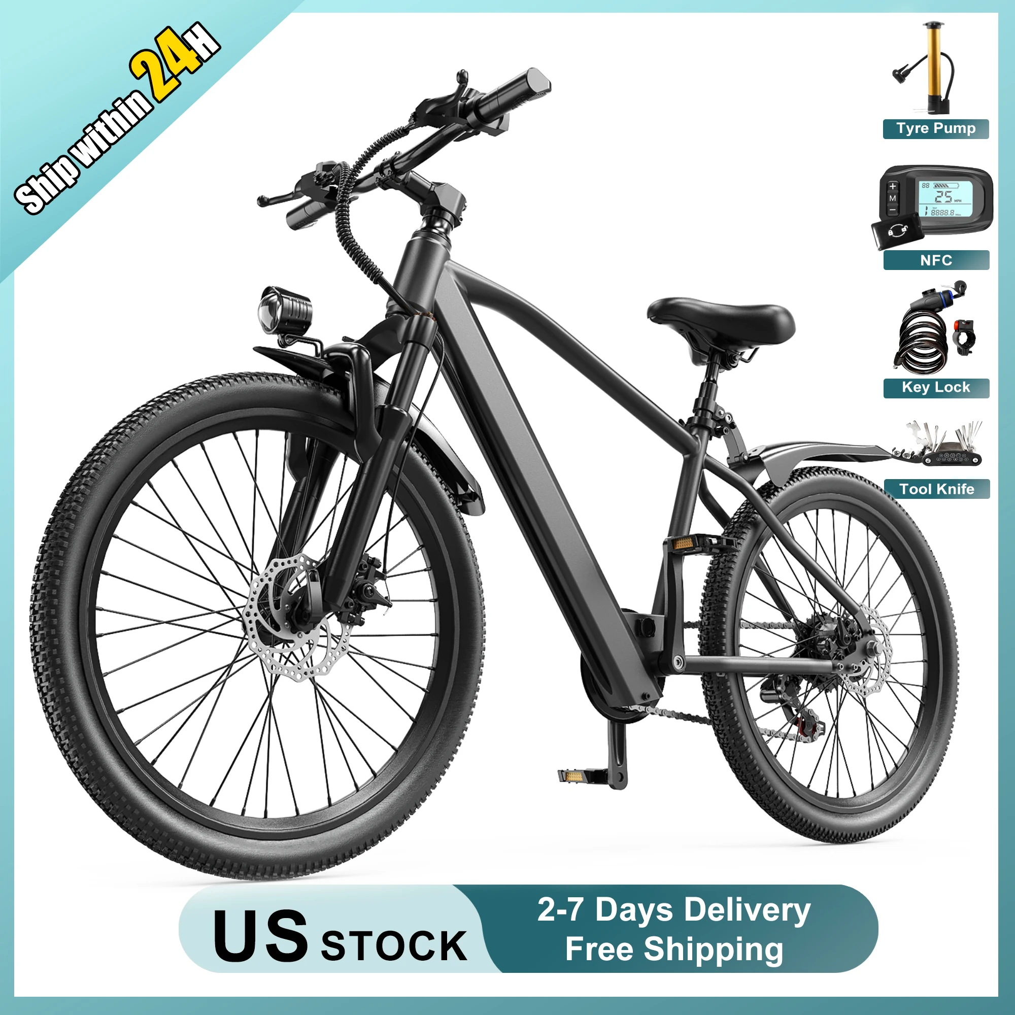 

City Electric Bike Comfortable, 26 Inch Mountain Electric Bicycle With 36V Lithium Battery, Shimano 7-Speed 25MPH Ebike
