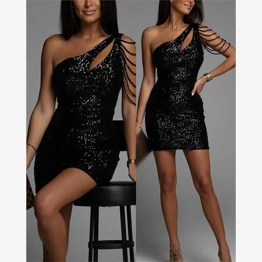 One oulder Sequin Par Dr Single oulder Cutout Glittering Polyester ort Skirt Zipper Closure Spring Commute Sle