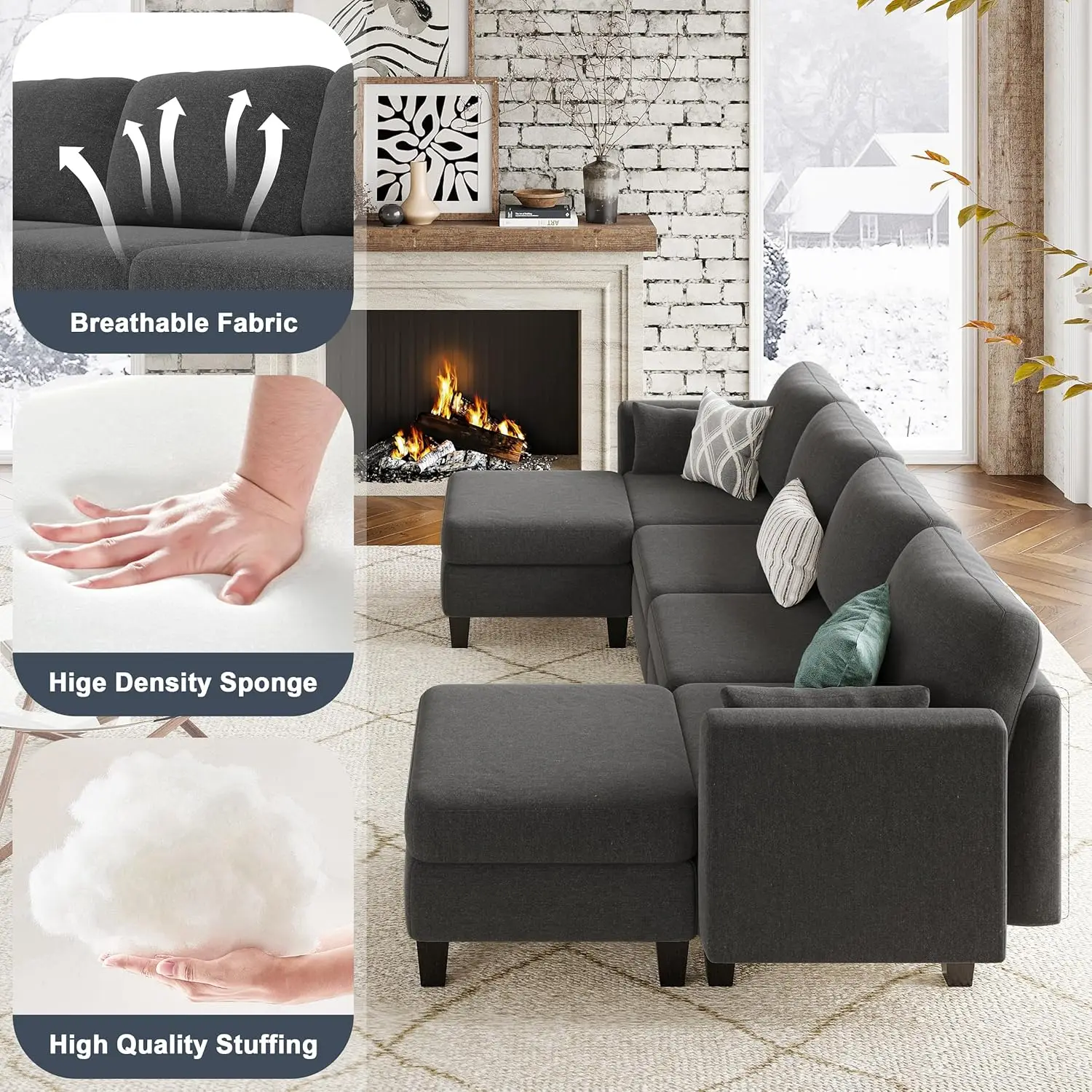 Sofá conversível em forma de U com espuma viscoelástica de alta densidade, sofá modular confortável de 6 lugares para sala de estar