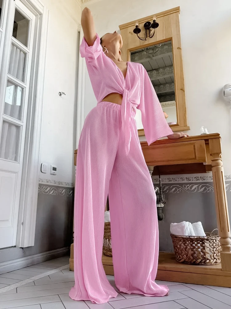 Jyate Pink Cross V-Neck Shirts And Pleated Trousers Two Pieces Sets Autumn 2024 Pleated Loose Vacation Outfits Women Pants Sets