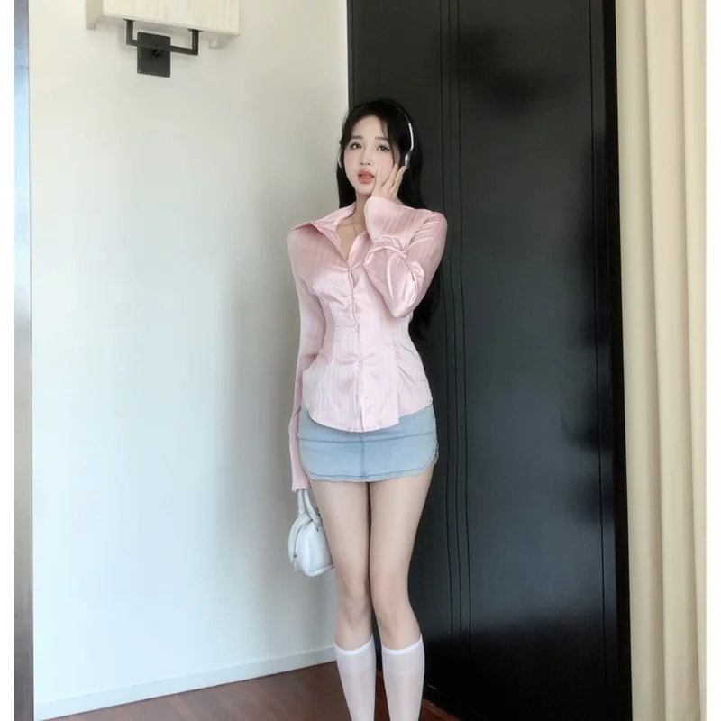 Spring Women Clothing Shirt French Simple Lapel Self Cultivation Pink Single Breasted Temperament Top Design Chic Vintage Blouse