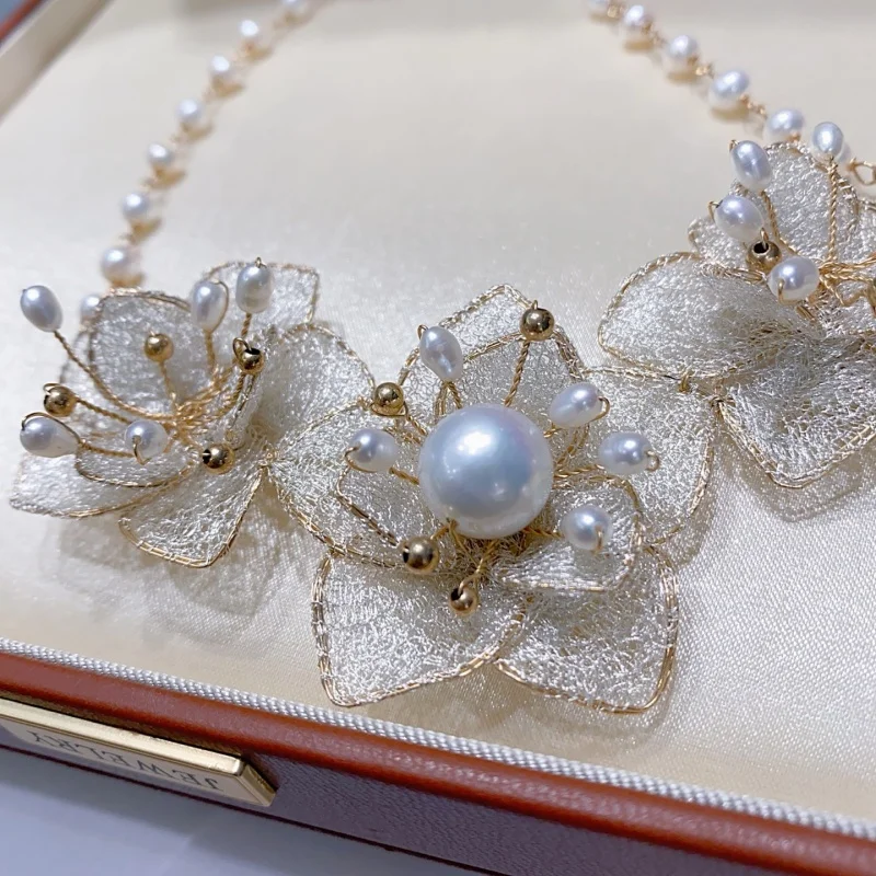 

SGARIT Trending Pearl Jewelry Italian Design Lace Flower 14k Filled Gold Natural Freshwater Edison Pearl Necklace Jewellery