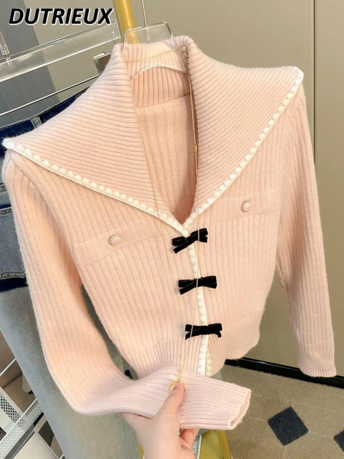 

2023 Autumn Winter New Kawaii Sweet Pink Sailor Collar Long-Sleeve Sweater Women Bow Decoration Slim-Fit Sweet Short Sweater Top