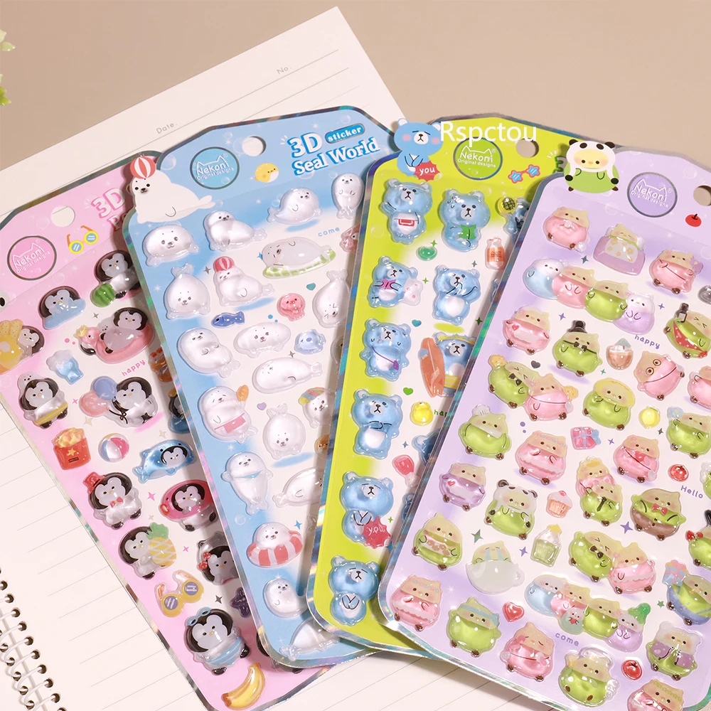 

4pcs Funny Cute Creative Cartoon 3D Relief Stickers Kawaii Penguin Seal Bear Crystal Decals Luggage Guitar DIY Toy Sticker Decor