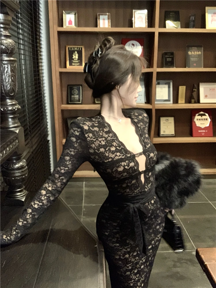 Dresses Women Elegant Sexy Lace Patchwork Long Sleeve Slim Vintage Fashion Temperament Party Dress Female Autumn 2025 New
