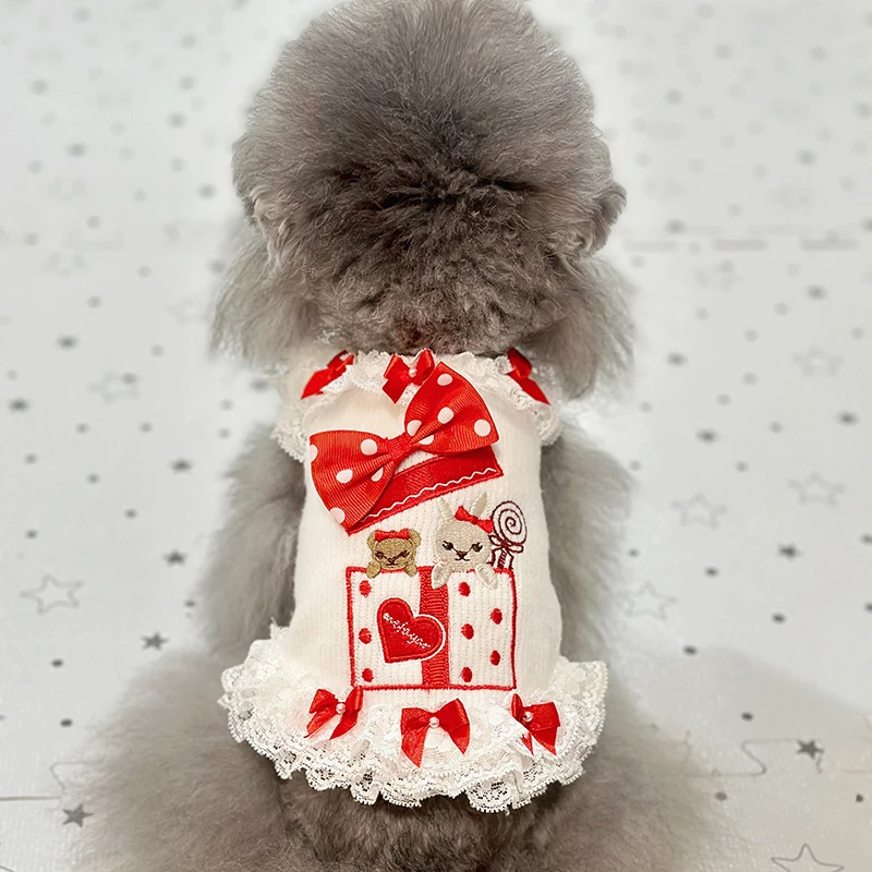 

Autumn Winter Puppy Dog Cats Clothing Cute Print White Warm Plush Princess Dress For Small Medium Dog Poodle Skirt Pet Clothes
