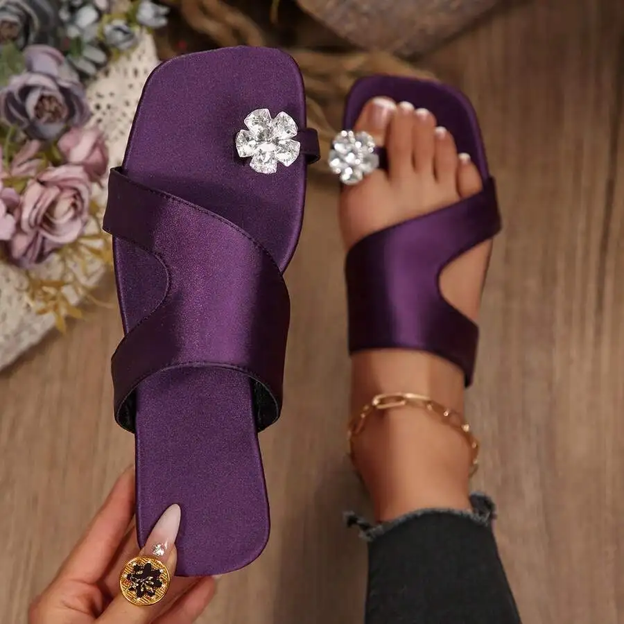 

Purple Floral Rhinestone Flat Slide Sandals For Women Summer Casual Beach Wear