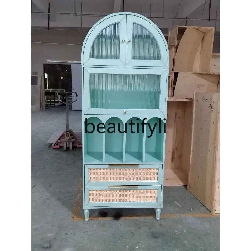 

DD45 American Style Solid Wood Bookshelf Light Luxury Floor Wine Cabinet Sideboard Vintage Arched Decorative Cabinet