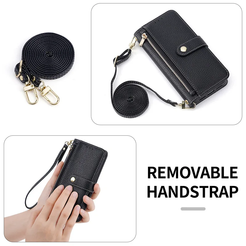 

Zipper Wallet with Cards Solt Flip Cover for IPhone 17 Air 16E 16 15 14 13 12 Pro Max Crossbody Wrist Strap Leather Phone Case