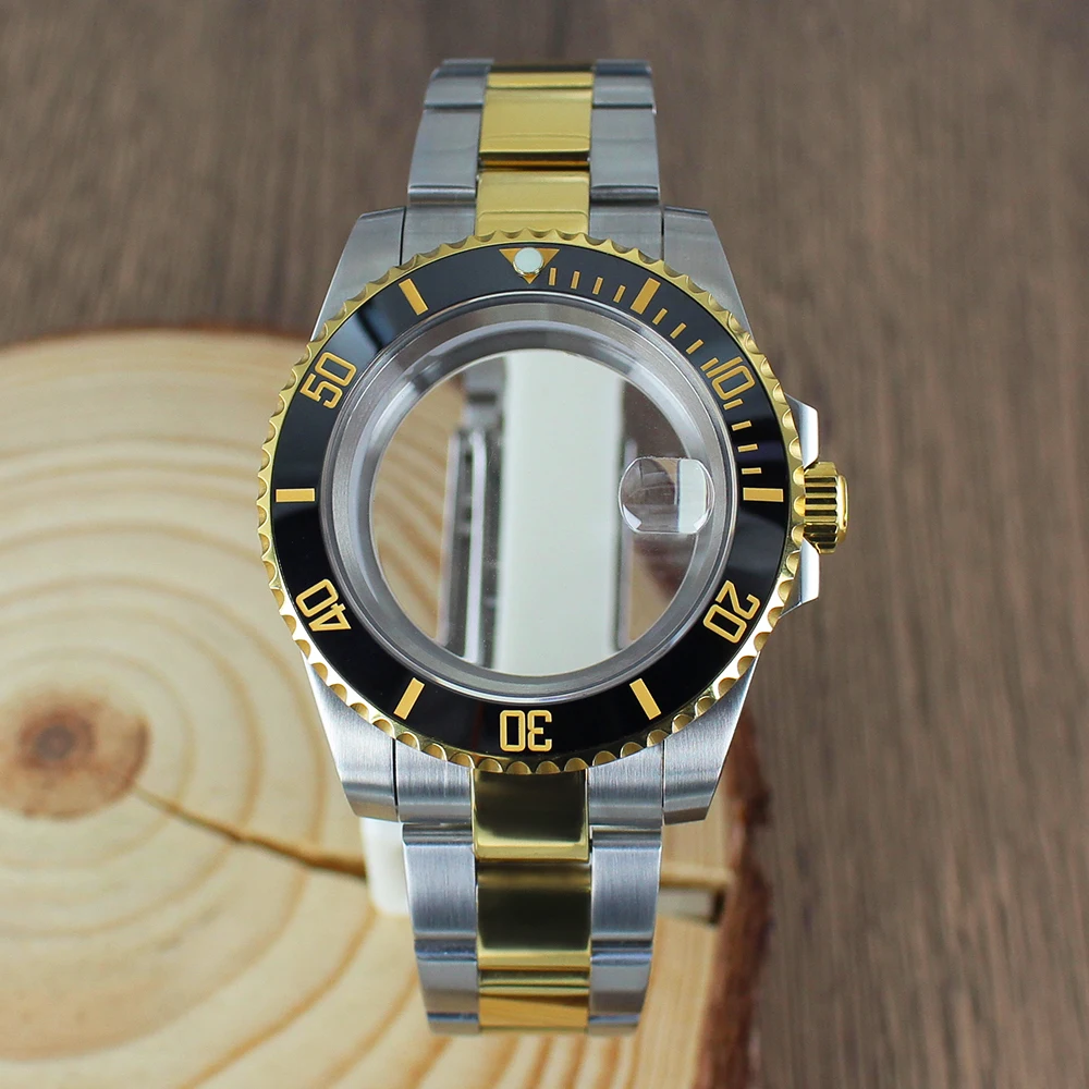

40mm PVD Silvery Gold Watch Case Unidirectional Rotation bezel Sapphire Crystal For NH35 NH34 NH36 Miyota 8215 ETA 2824 GMT SUB