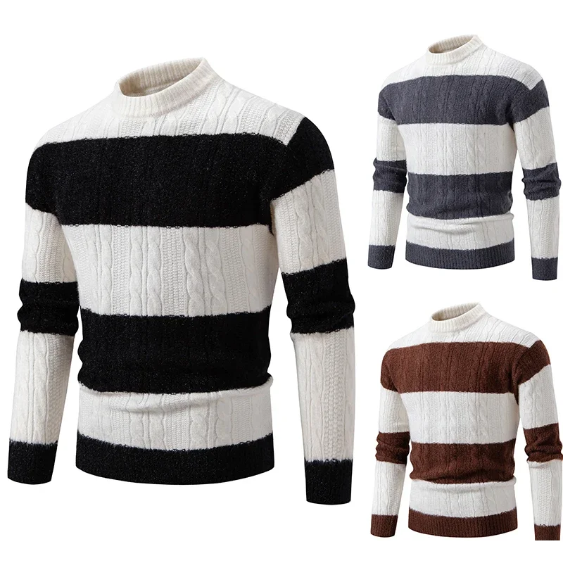 

Fashion Mens Striped Knitted Pullover O-Neck Thicken Warm Youth Casual Jumper Korean Style Mens Clothing