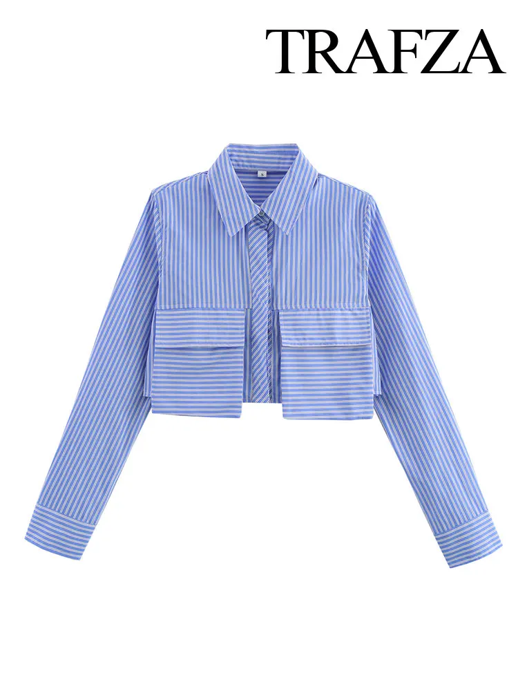 

TRAFZA 2025 Women's Spring Blue Striped Shirt Fashion Pocket Decoration Chic Lapel Single Breasted Women's Short Casual Top