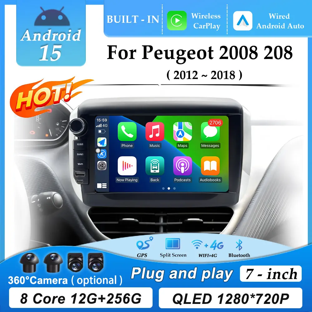 Lettore multimediale per autoradio da 7 pollici per Peugeot 2008 208 2012 - 2018 Android Auto Carplay Schermo diviso GPS Navi 4G DSP No 2 din