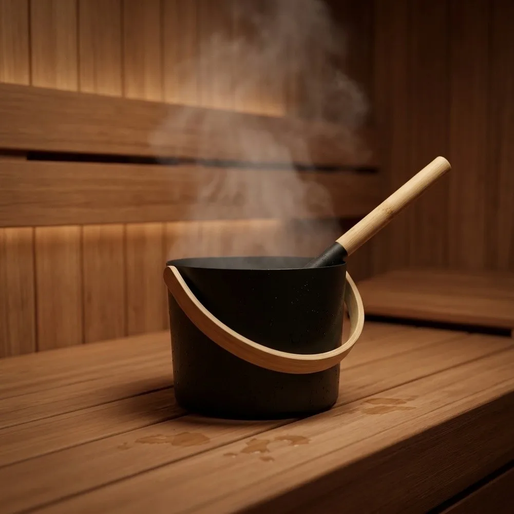 Wooden Handle Scoop Sauna Bucket Set For Creating Steam Aluminum Construction Heat Resistant Material Classic Black Finish